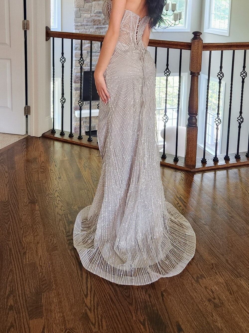 Strapless Silver Sequin Evening Gown Prom